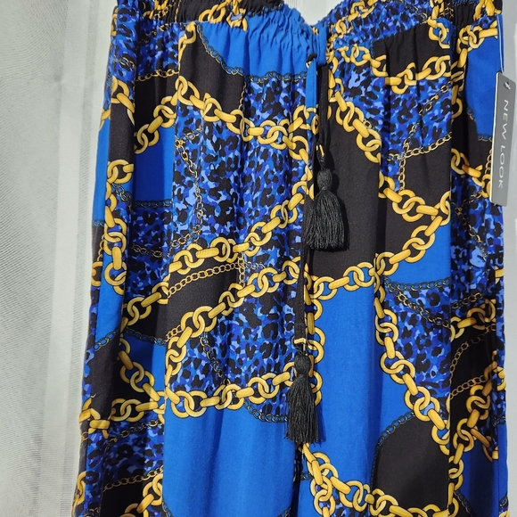 NEW LOOK BLUE/GOLD CHAIN SPLIT HEM HIGH WAIST TROUSERS SIZE LARGE - Picture 7 of 16